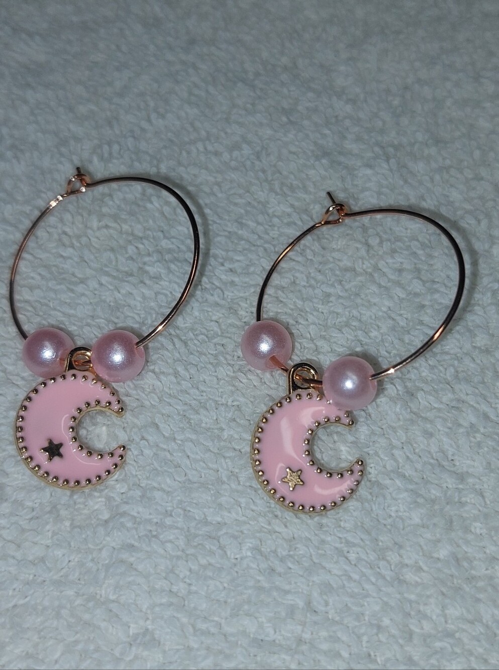 Handmade Delicate Pink Crescent Moon Hoop Earrings with Pearlescent Beads